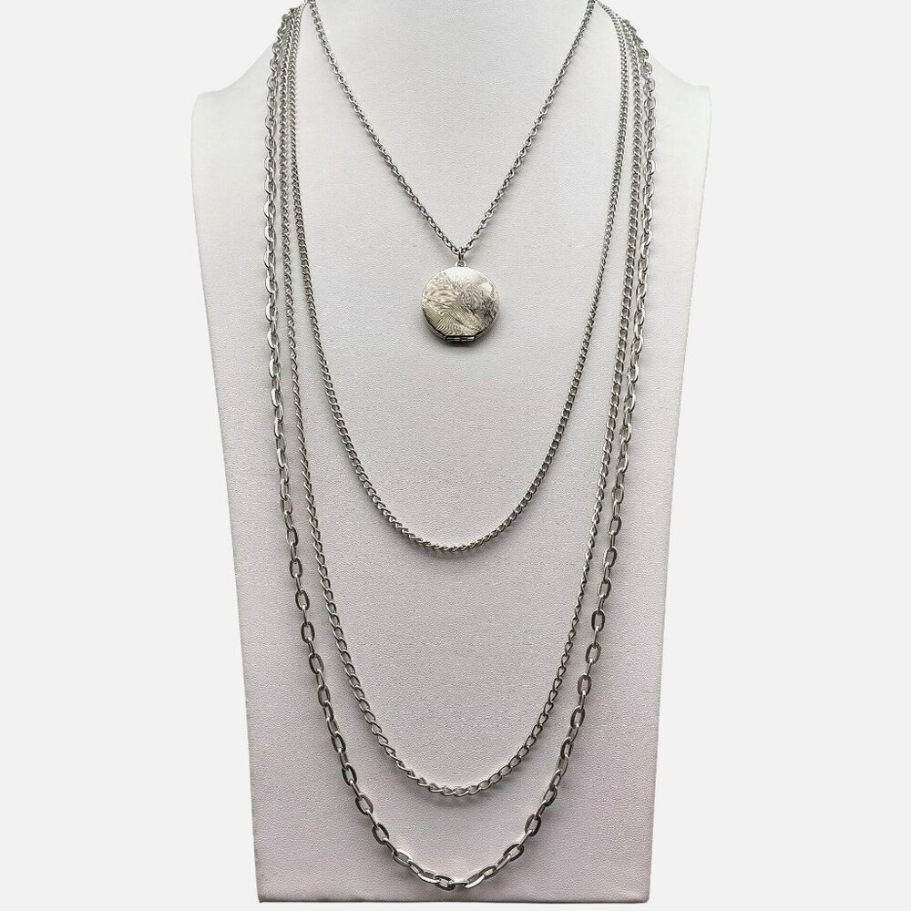 Vintage Layered Silver-Tone Triple Strand Locket Necklace 18" Chain & 1" Pendant